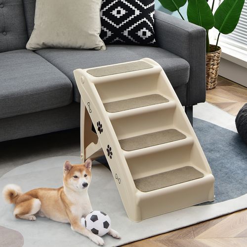 Costway - 4-Step Dog Ramp Steps Foldable Pet Steps Stairs Portable Climbing Ladder - Beige