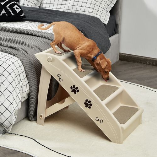 Costway - 4-Step Dog Ramp Steps Foldable Pet Steps Stairs Portable Climbing Ladder - Beige