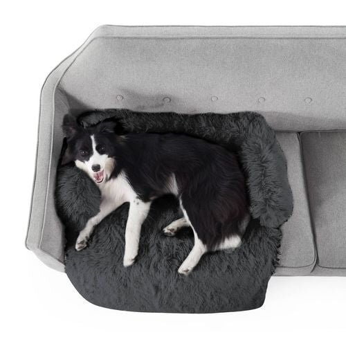 Charlie's - Shaggy Faux Fur Bolster Sofa Protector Calming Dog Bed - Large - Charcoal