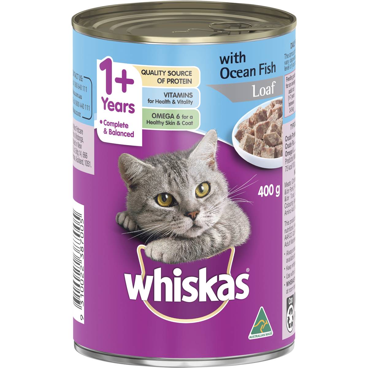 Whiskas - 1+ Years Wet Cat Food Ocean Fish Loaf 400g Can - Petservo