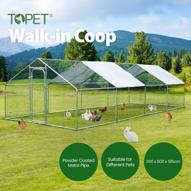 Large Walk-in Pet Chicken Run Coop Cage Rabbit Hutch Ferret House Guinea Pig Enclosure 3 x 8 x 1.95M - Petservo