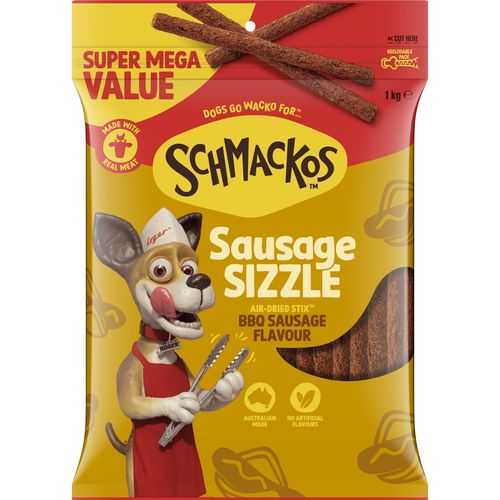 Schmackos 1kg Adult Dog Treats Sausage Sizzle Stix BBQ Sausage Flavour