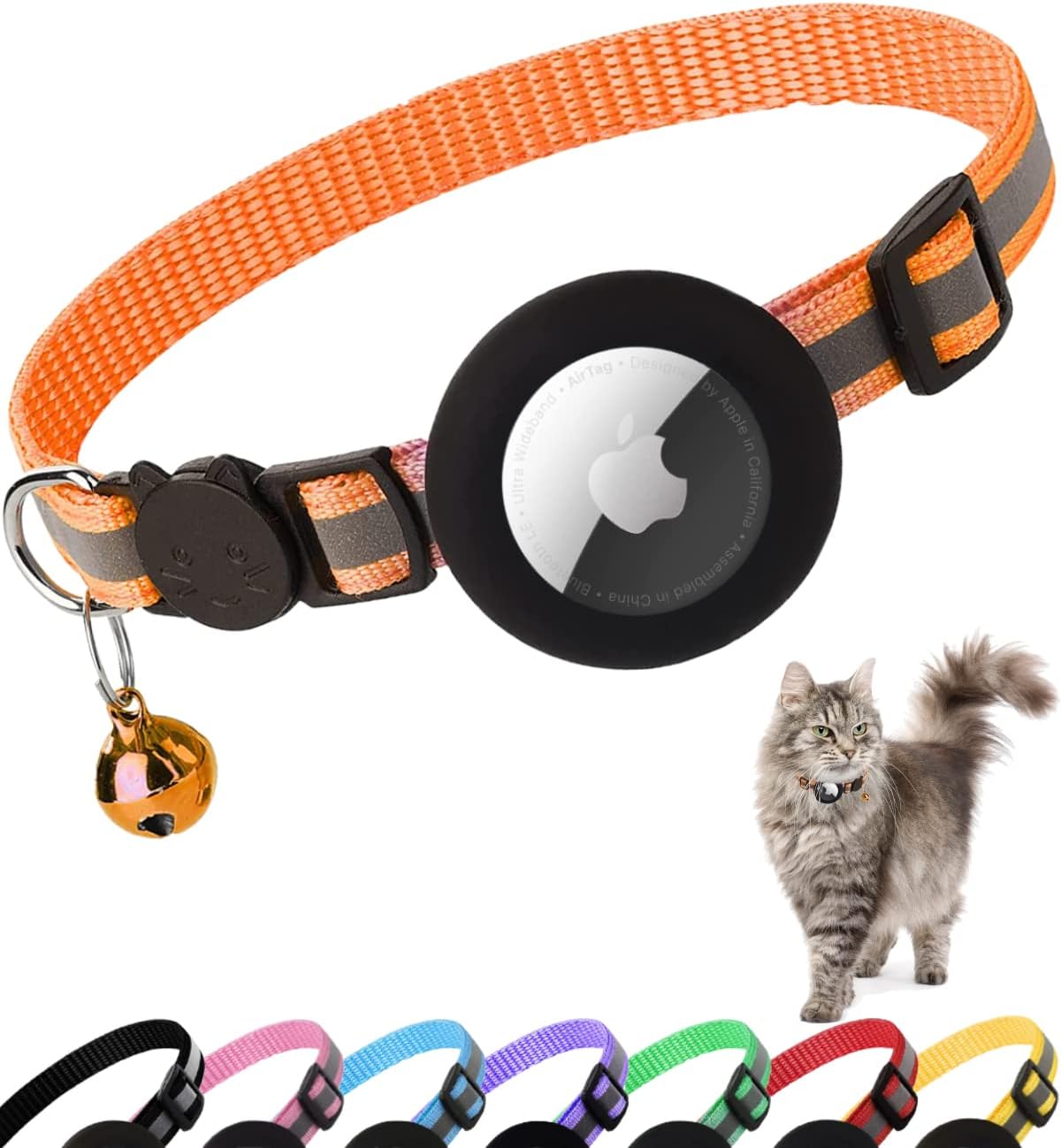 Dgerp Airtag Cat Collar Breakaway, Reflective with Bell Orange - PetServo