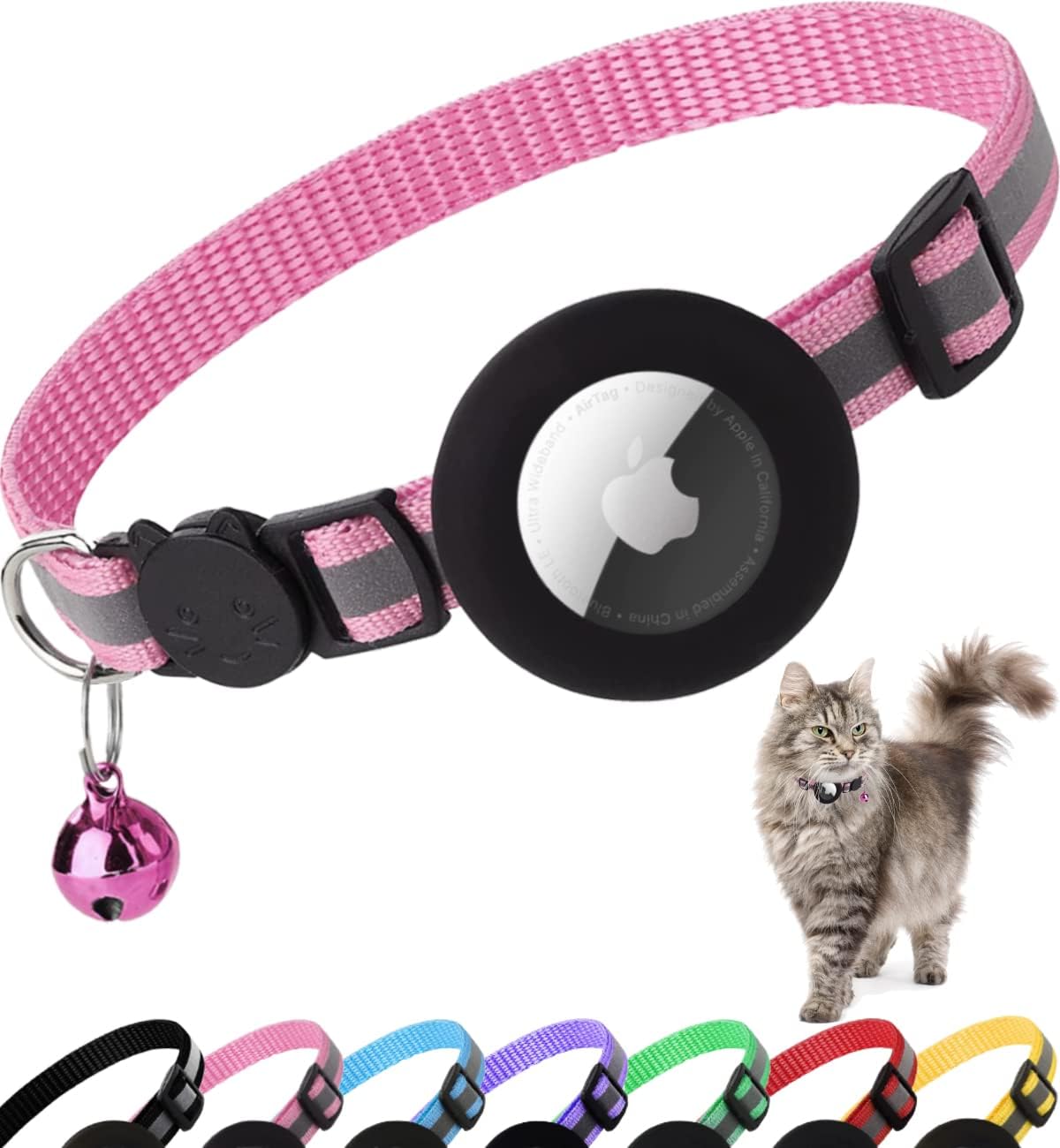 Dgerp Airtag Cat Collar Breakaway, Reflective with Bell Pink - PetServo