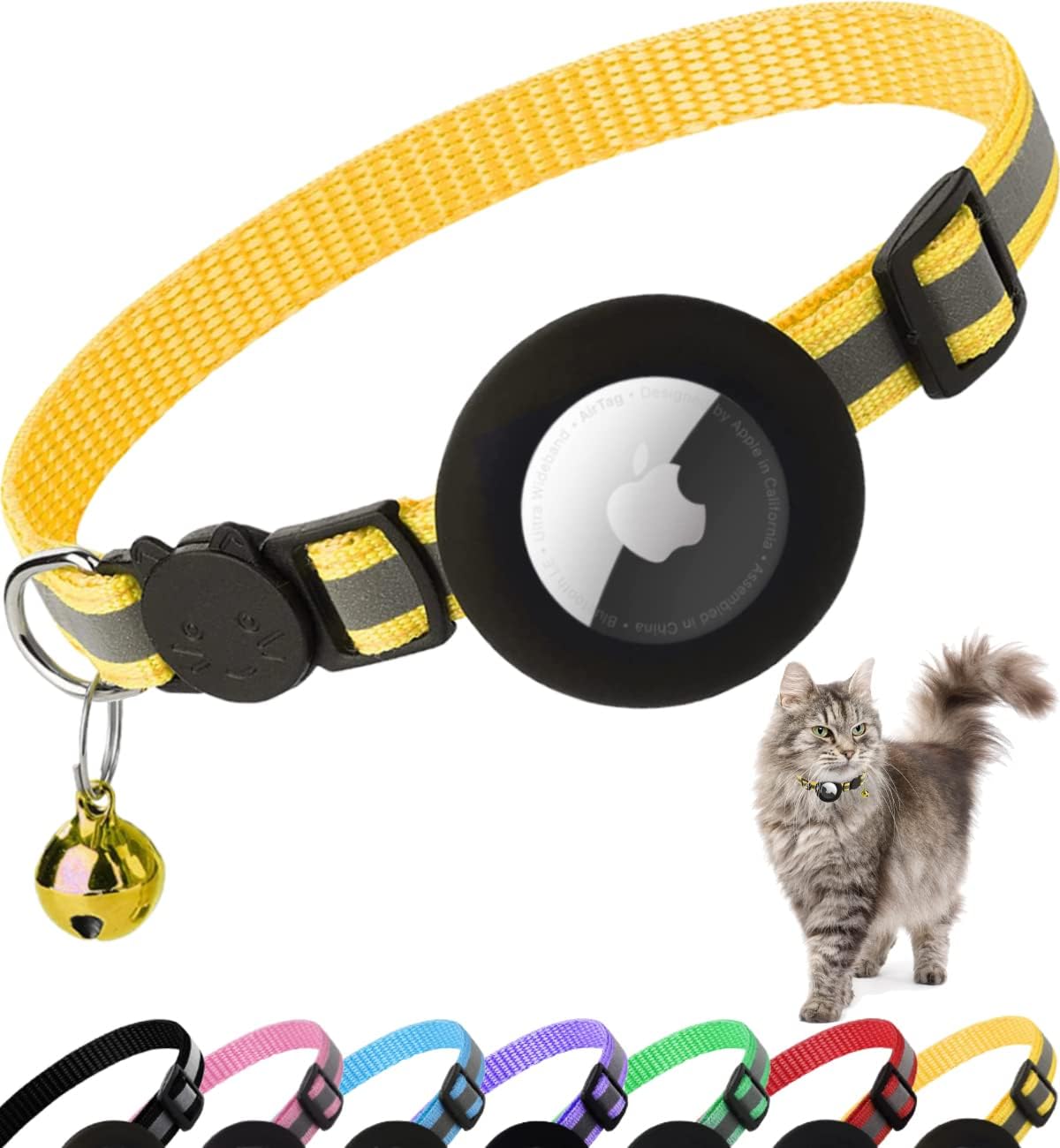 Dgerp Airtag Cat Collar Breakaway, Reflective with Bell Yellow - PetServo