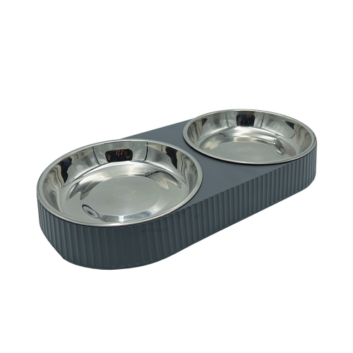 Baxter Bone - Melamine Ribbed Double Pet Bowl - Charcoal - Petservo