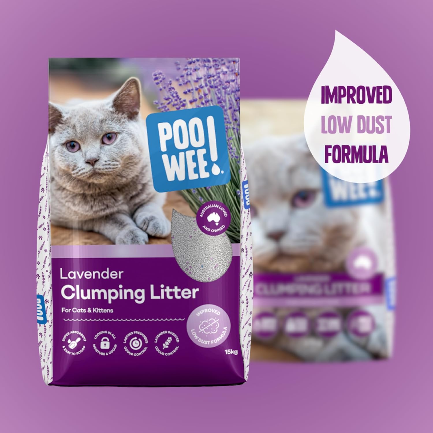 POOWEE - Clumping Lavender Cat & Kitten Litter, 15kg - PetServo-1