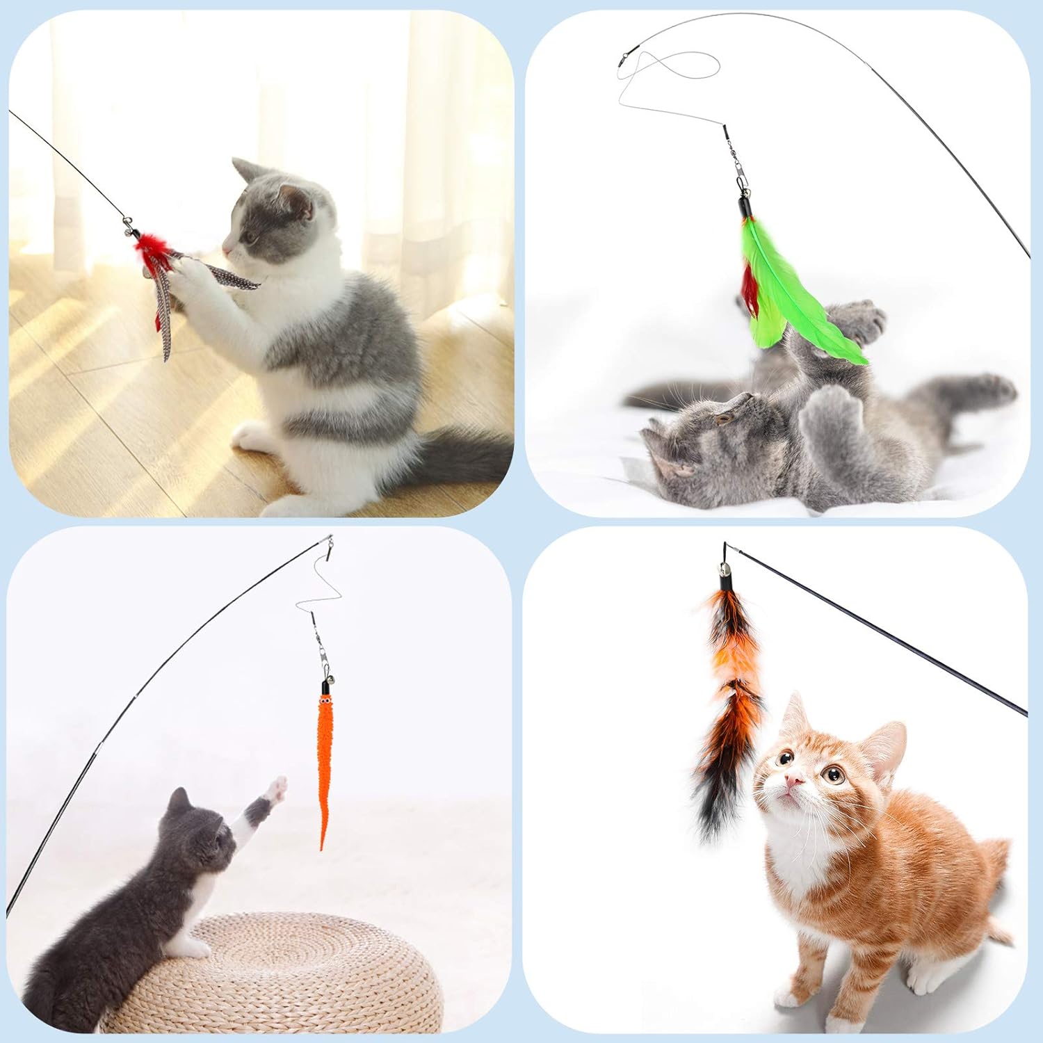 Hianjoo - 12-Pcs Feather Teaser Cat Toy Set with Wands & Bells - Petservo