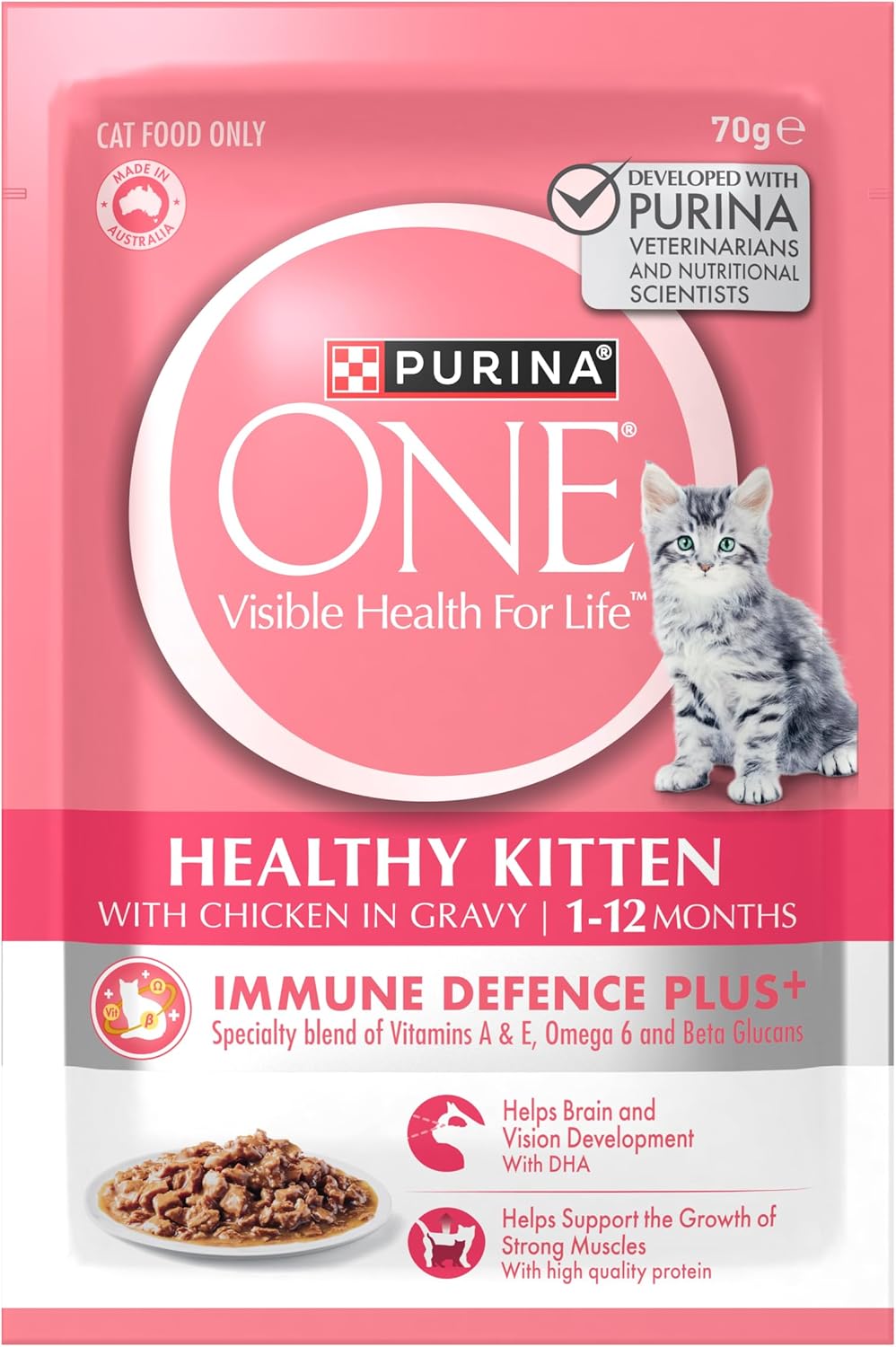 PURINA ONE - Kitten Wet Cat Food Succulent Chicken in Gravy Pouch 12x70g - Petservo