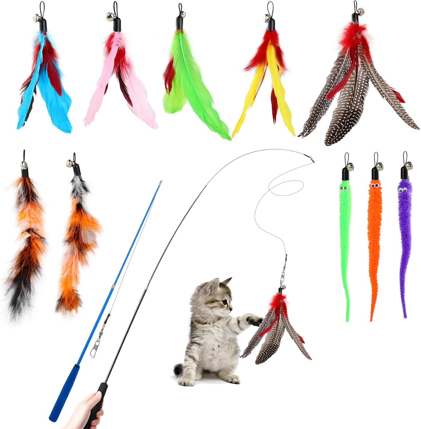 Hianjoo - 12-Pcs Feather Teaser Cat Toy Set with Wands & Bells - Petservo