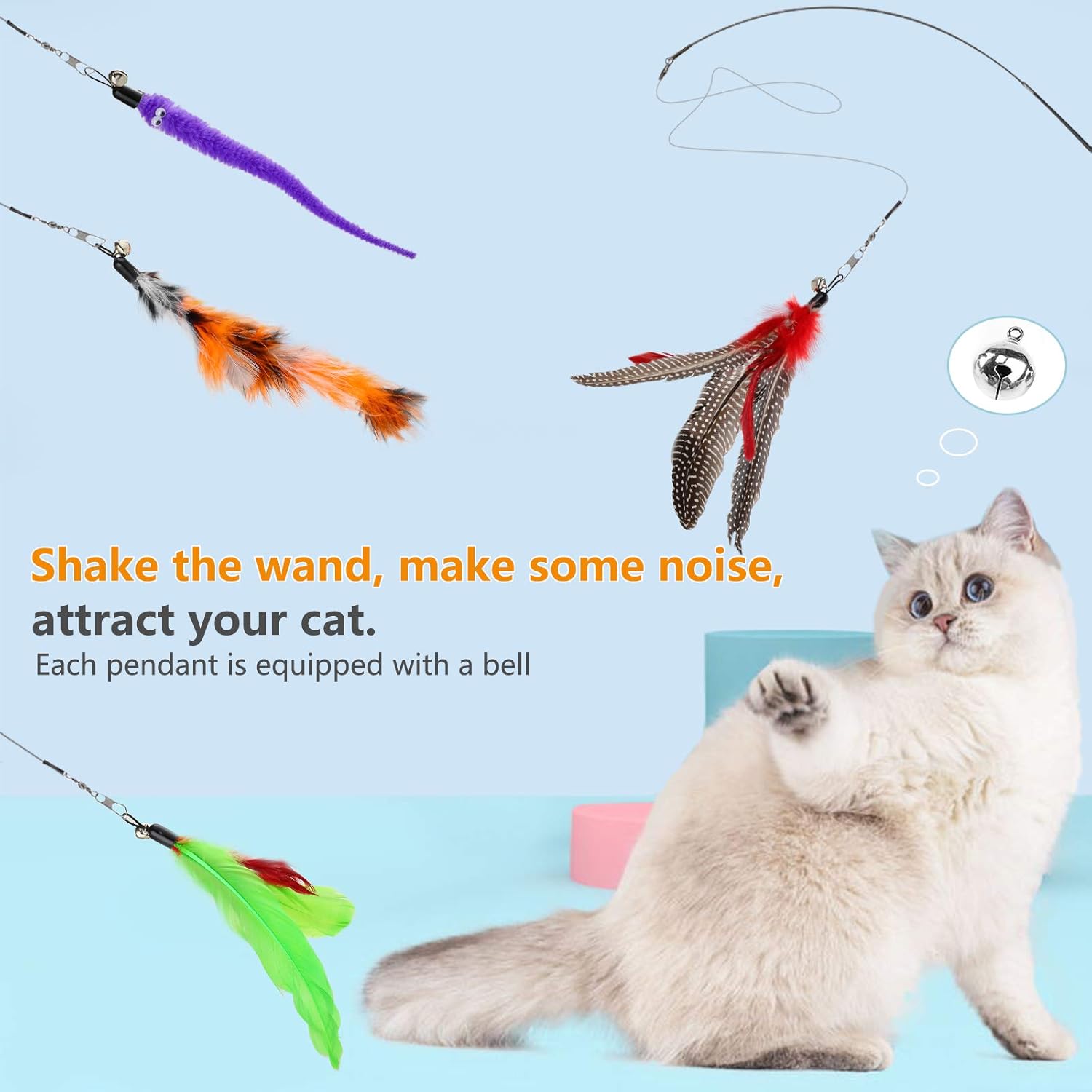 Hianjoo - 12-Pcs Feather Teaser Cat Toy Set with Wands & Bells - Petservo