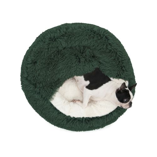 Charlie's - Hooded Faux Fur Calming Donut Dog Bed Eden - Green - Medium