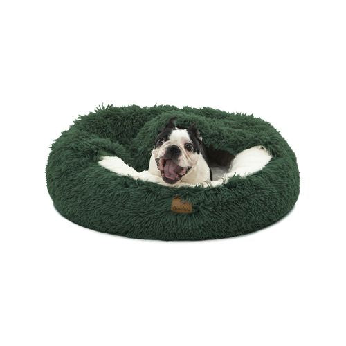 Charlie's - Hooded Faux Fur Calming Donut Dog Bed Eden - Green - Medium