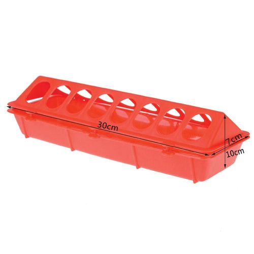 Rooster Farms - 30cm Long Poultry Feeder Feeding Trough Chicken Chick Red Plastic Flip Top Container