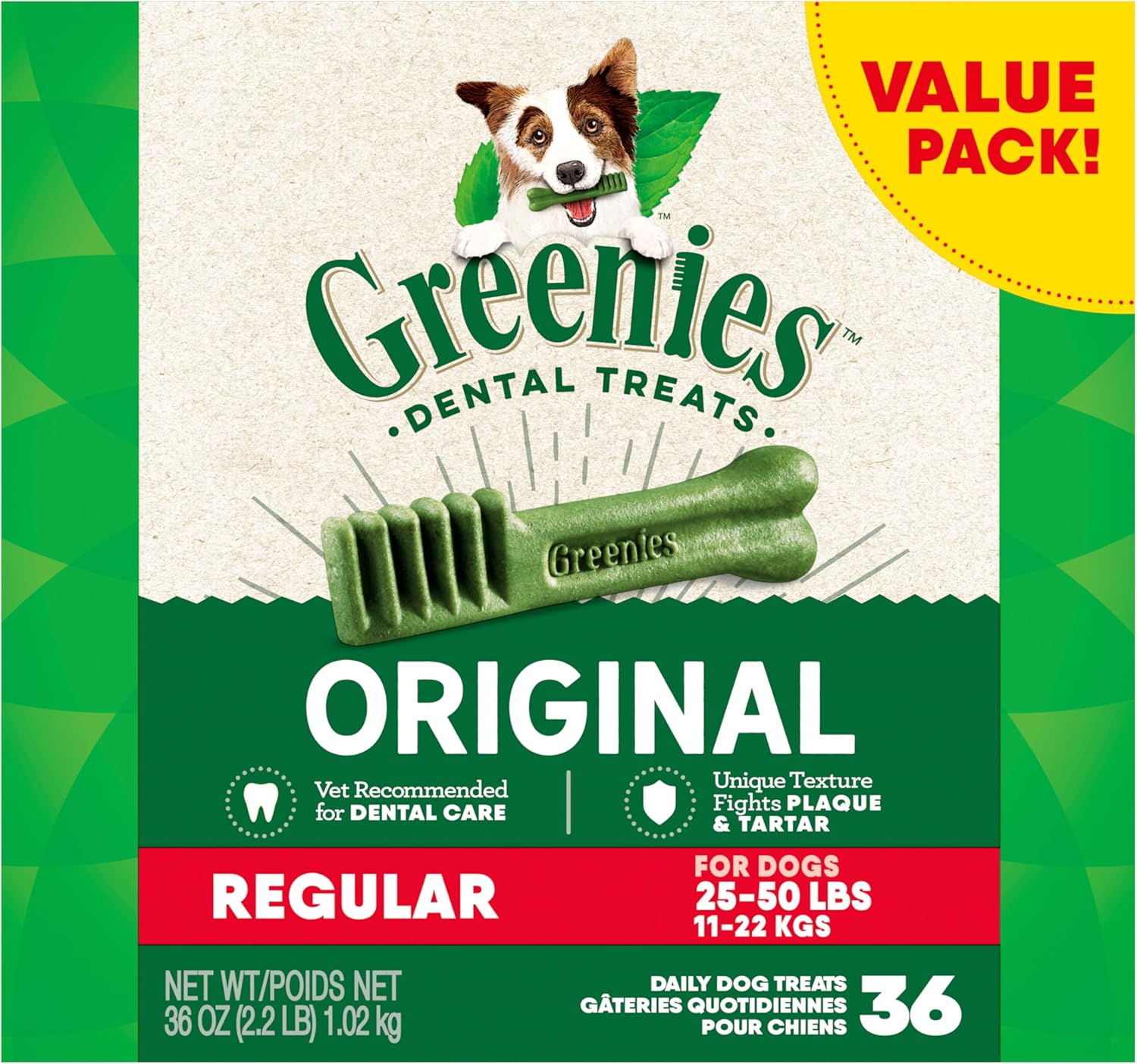 GREENIES - Canine Dental Dog Treats Original Regular 36 Chews Value Pack 1.02Kg