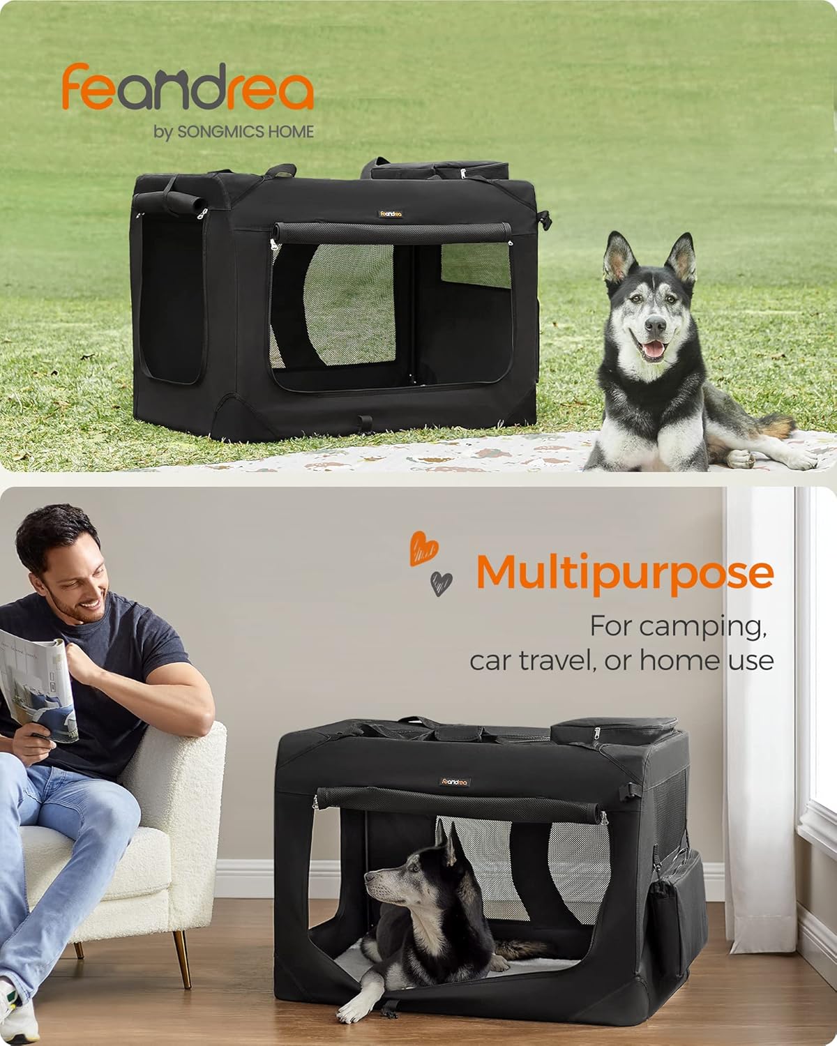 Feandrea - Portable & Collapsible Soft Travel Crate for Dogs, Cats and Rabbits - Black XXL