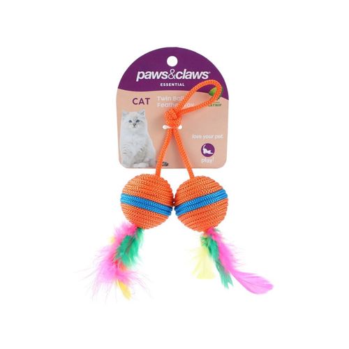 Paws and Claws - 20cm Twin Ball & Feather Catnip Toy - Assorted - 2x