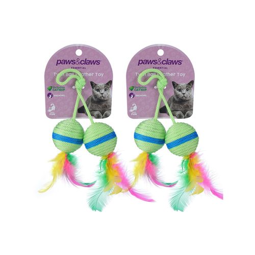 Paws and Claws - 20cm Twin Ball & Feather Catnip Toy - Assorted - 2x