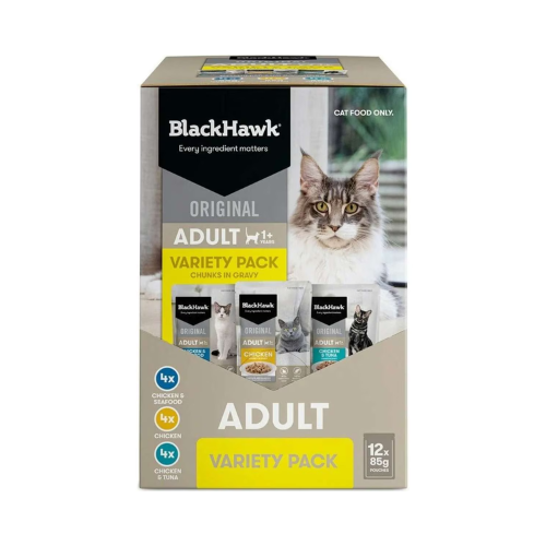 Black Hawk - Original Adult Pouches Chunks in Gravy Wet Cat Food Variety Pack 12 x 85g - Petservo